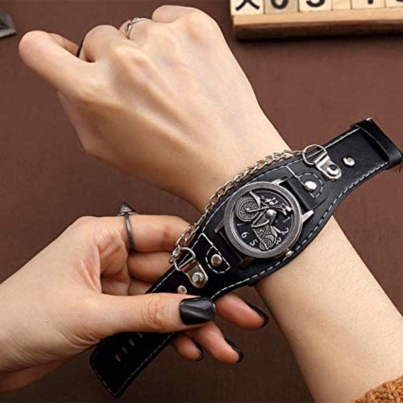 MEN'S/WOMEN'S LEATHER CHAIN BIKER WRIST WATCH - Picture 5 of 5